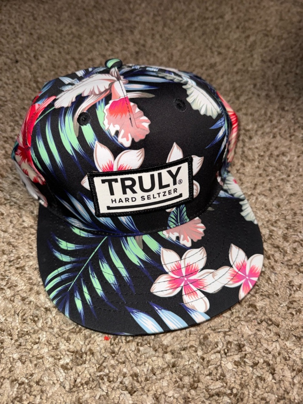 TRULY Black Floral Snapback Hat with Pink & Green Accents